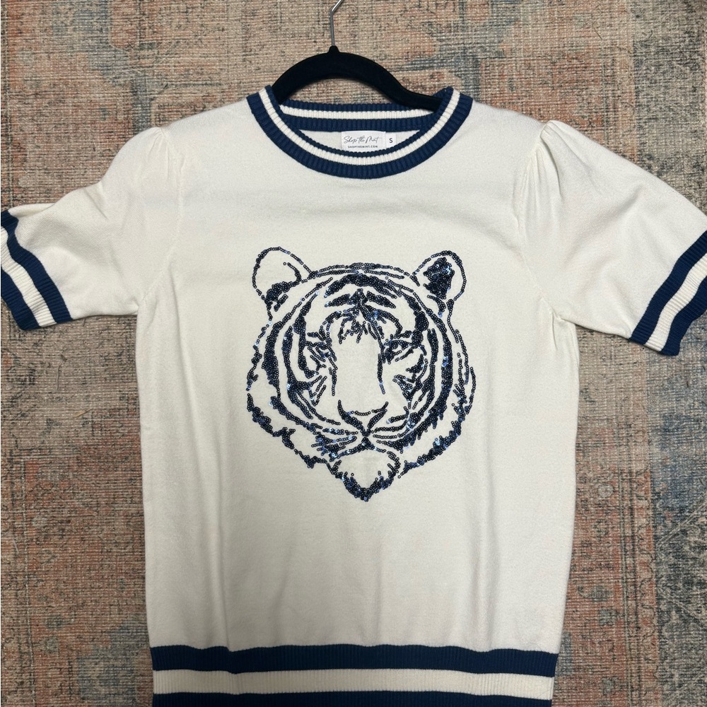 Shop the Mint White and Tan Tiger Face Sweater- Small NWOT
